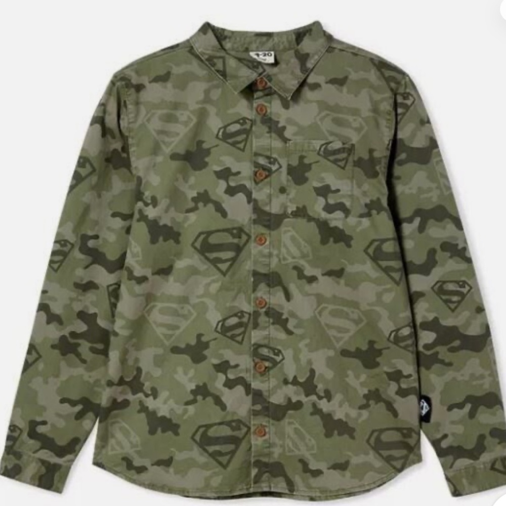COTTON ON Big Boys DC License Rocky Green Camo Superman Long Sleeve Shirt